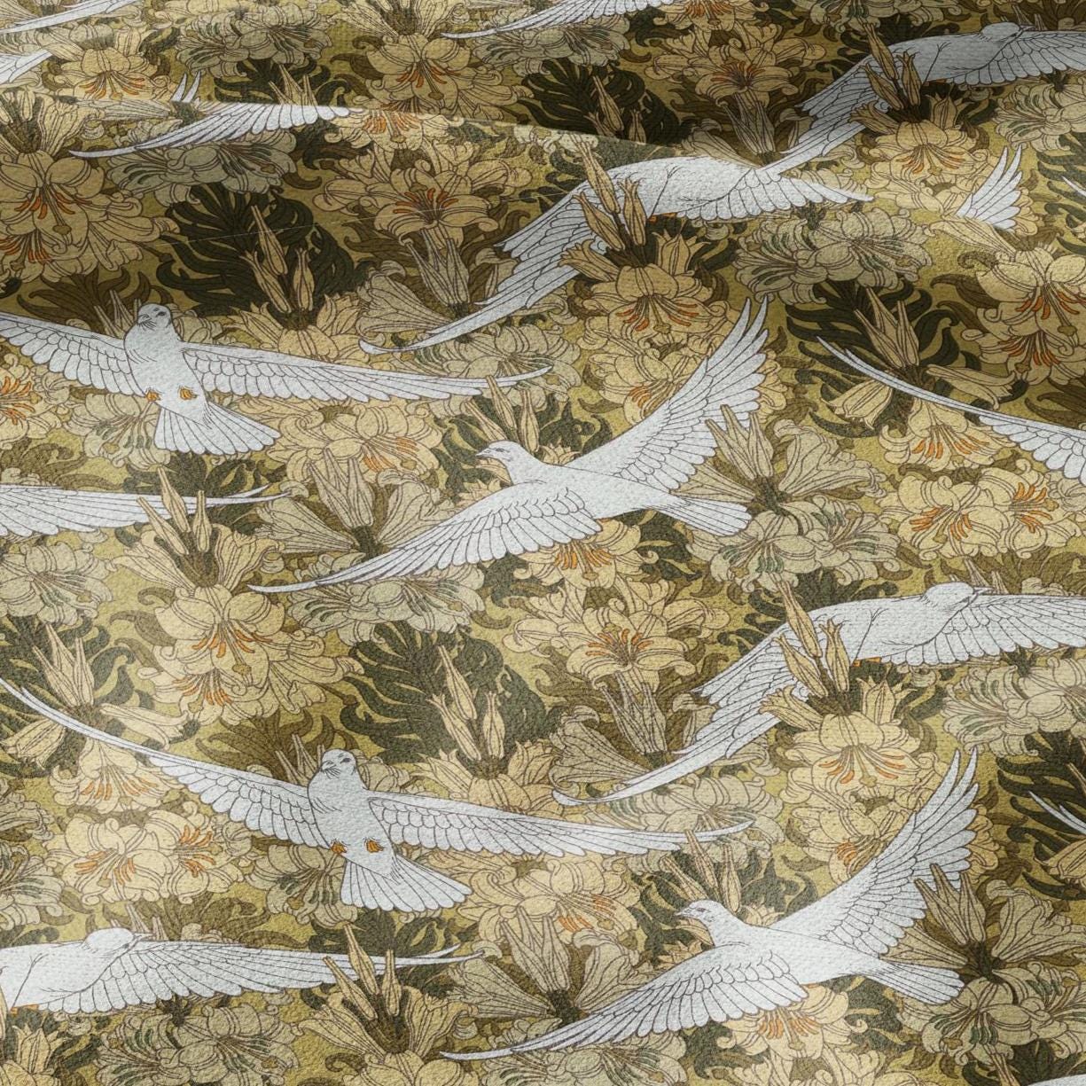 100% linen Art Nouveau Print fabric for Curtain Upholstery Cushion - Floral fabric DOVES - fabric material for dress making sewing