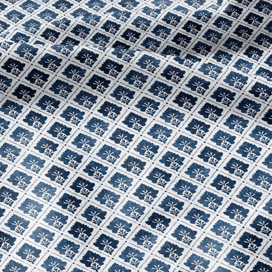 100% LINEN Fabric indigo blue floral block print - modern vintage floral linen fabric for upholstery or home decor 2806