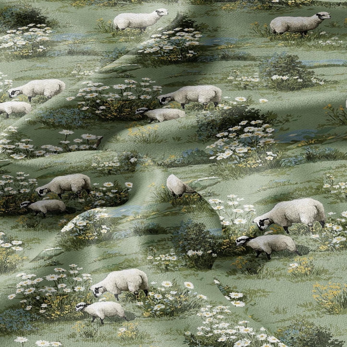 100% LINEN Fabric Sheep in fields white - green white meadow fabric print - Pastoral style French Nursery fabric 2003
