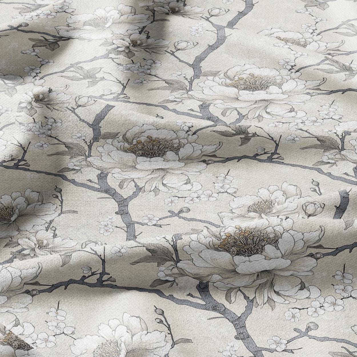 100% LINEN Fabric beige apple blossom print on white linen - floral botanical french linen fabric Provence - linen floral upholstery 2594