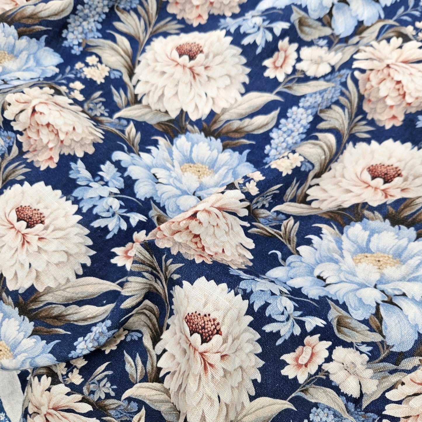 100% LINEN Fabric blue floral DAHLIAS, white blue botanical fabric with floral print, indian block print on linen linen 2578