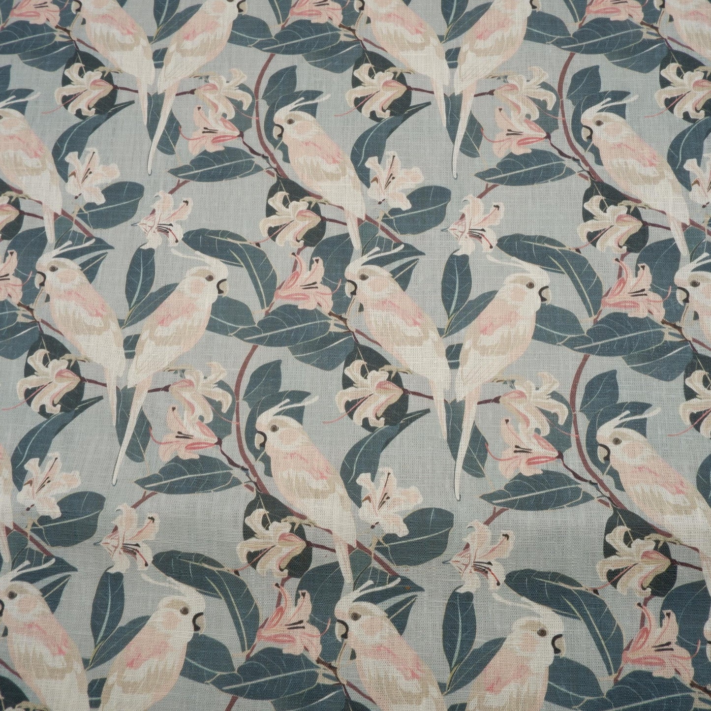100% LINEN Fabric french blue block print on oatmeal natur linen, floral fabric with parrot French linen botanical upholstery clothing
