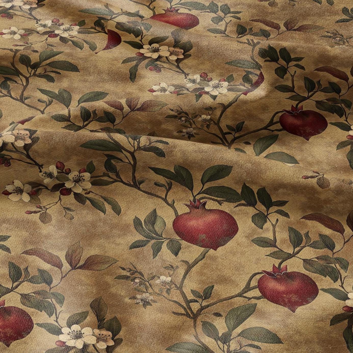 100% LINEN Fabric stripe Pomegranate blossom print linen - floral linen botanical fabric for upholstery home decor dress making