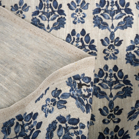 100% LINEN Fabric indigo blue block print - oatmeal neutral fabric with blue floral print - linen for upholstery home decor dressmaking 389