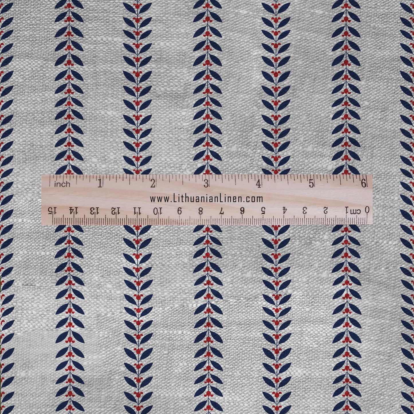 100% LINEN Fabric Striped floral print - block print navy blue red on oatmeal linen for upholstery curtains dress making 2668