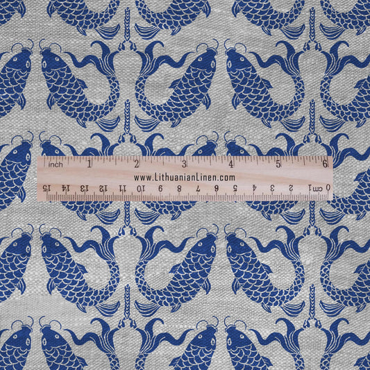 Fishes blue print on 100% LINEN - Zodiac sign print linen Fabric - Linen fabric for dressmaking home textile 2685