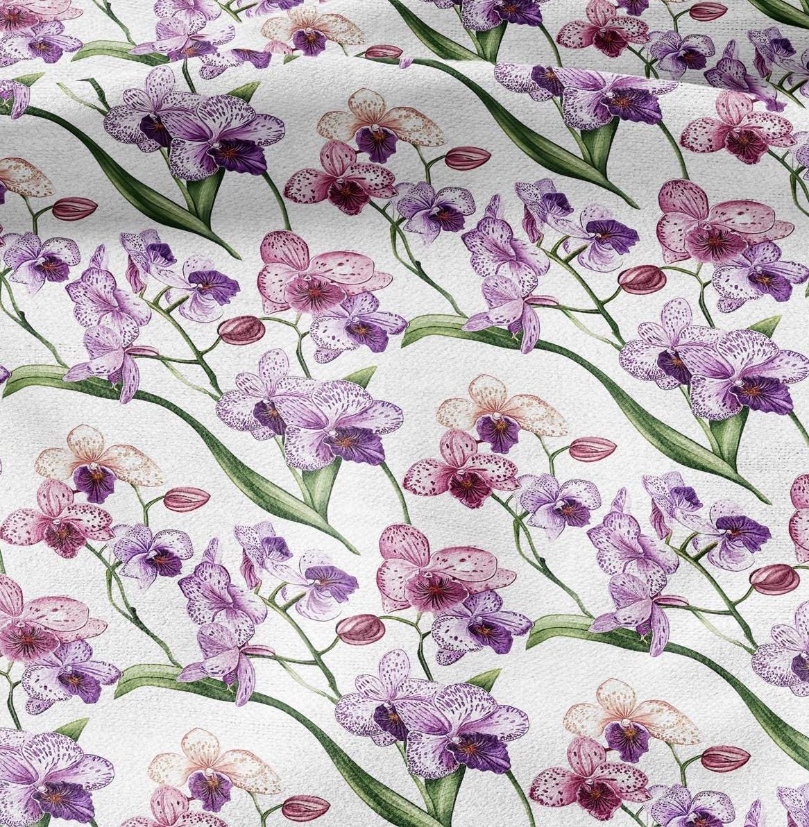 100% LINEN Fabric Floral pink purple orchid print - Hand Drawn Floral PINK Flower linen fabric upholstery home decor curtains pillowcases