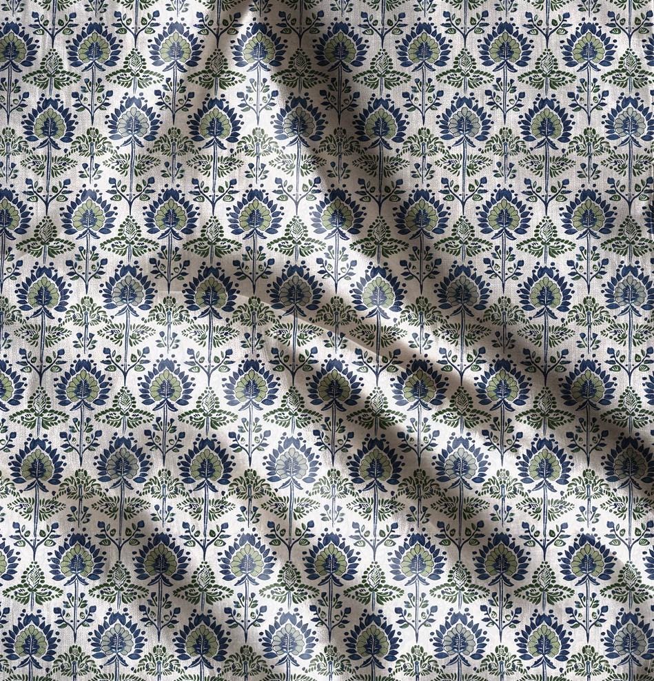 100% LINEN Fabric block print, linen fabric with indian blue floral print, heavy linen fabric for upholstery home decor