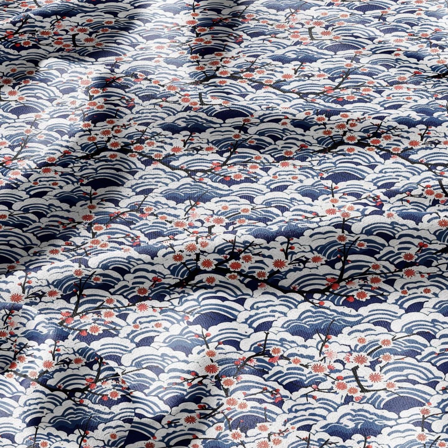 100% LINEN Fabric block print Japanese Sakura sea - red blue indigo floral print - heavy upholstery home decor - medium for clothing 2597