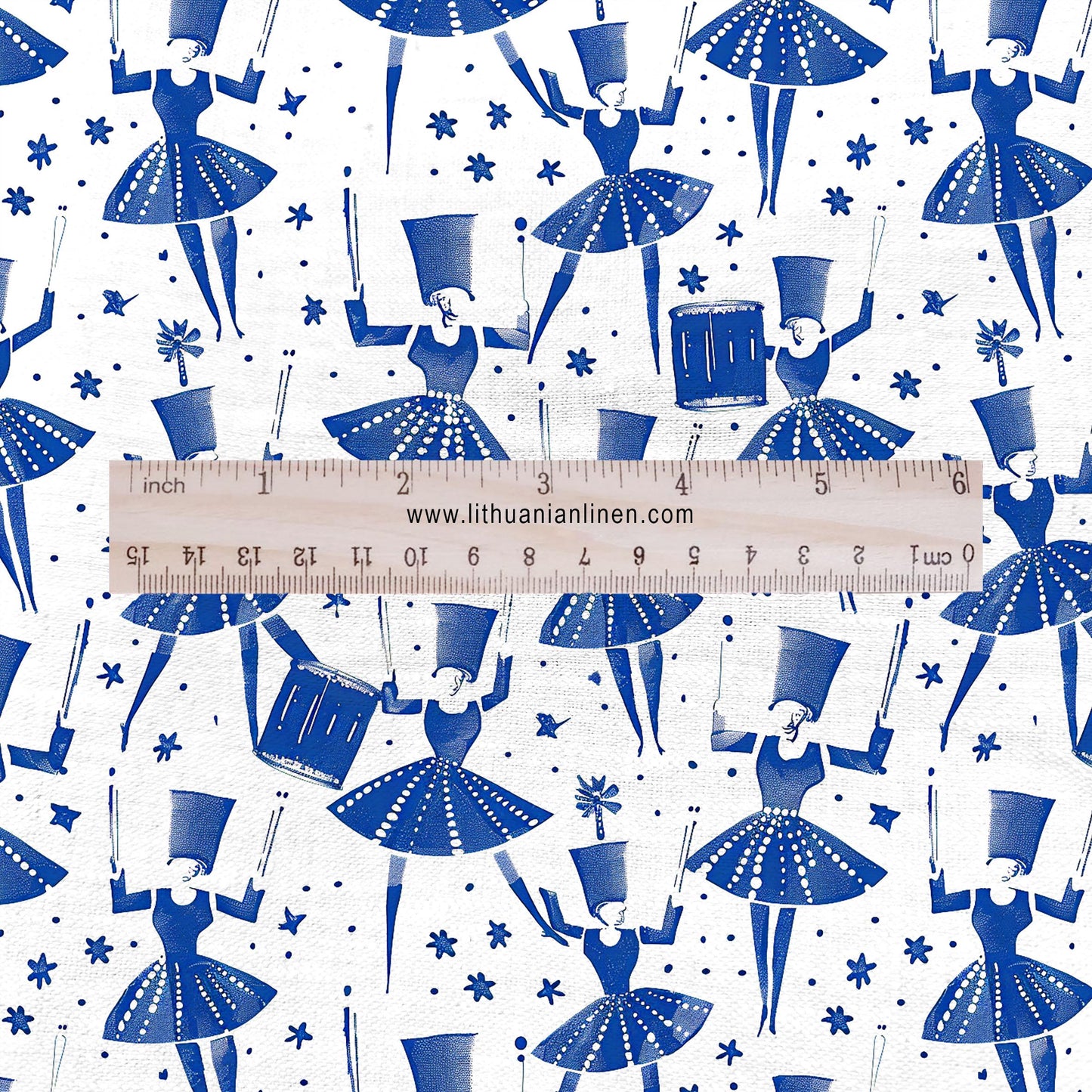 100% LINEN Fabric block print Drummers - blue white print - heavy linen fabric for upholstery home decor 2592