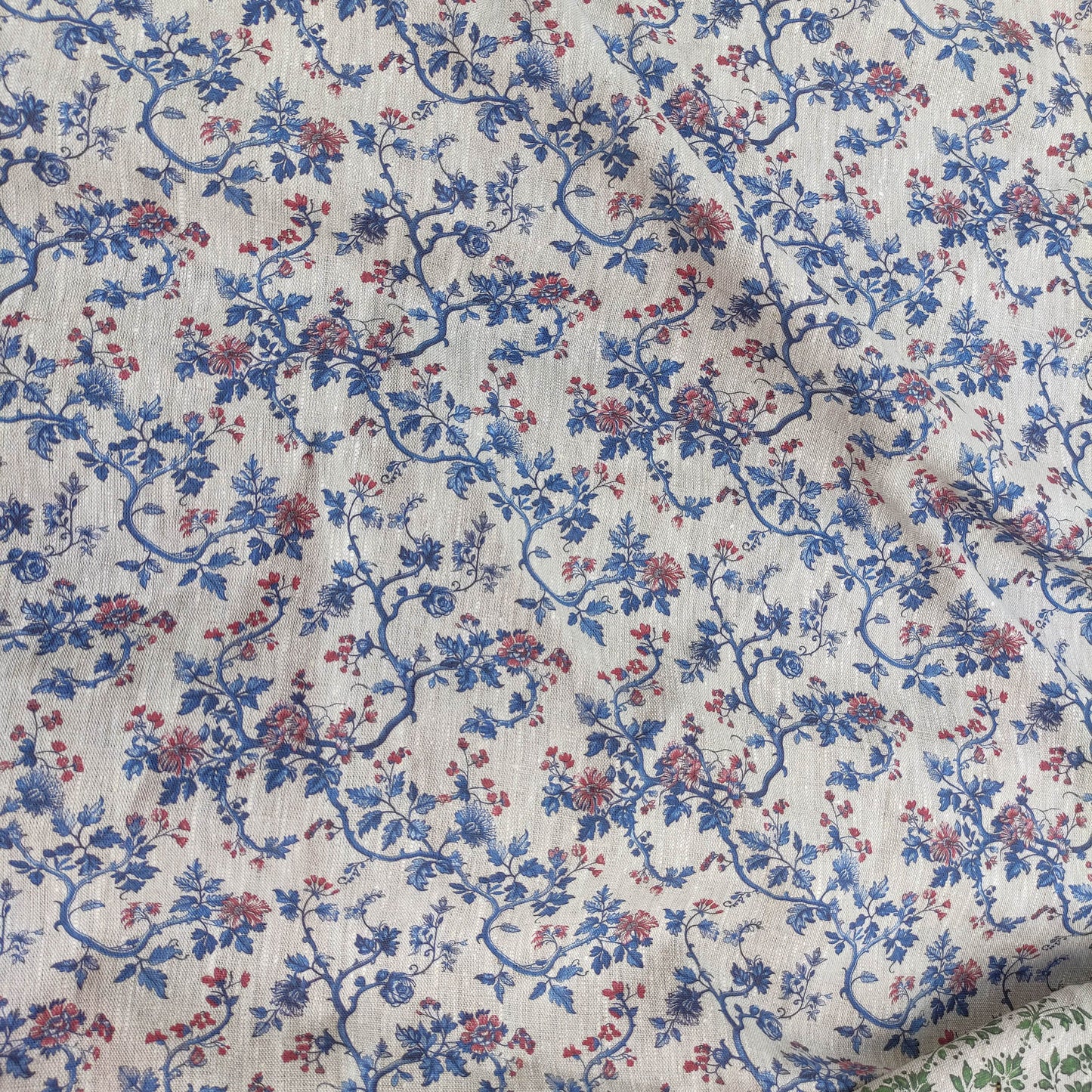 100% LINEN Fabric Toile de Jouy , white botanical fabric with blue indigo red print, French linen floral blossom 326