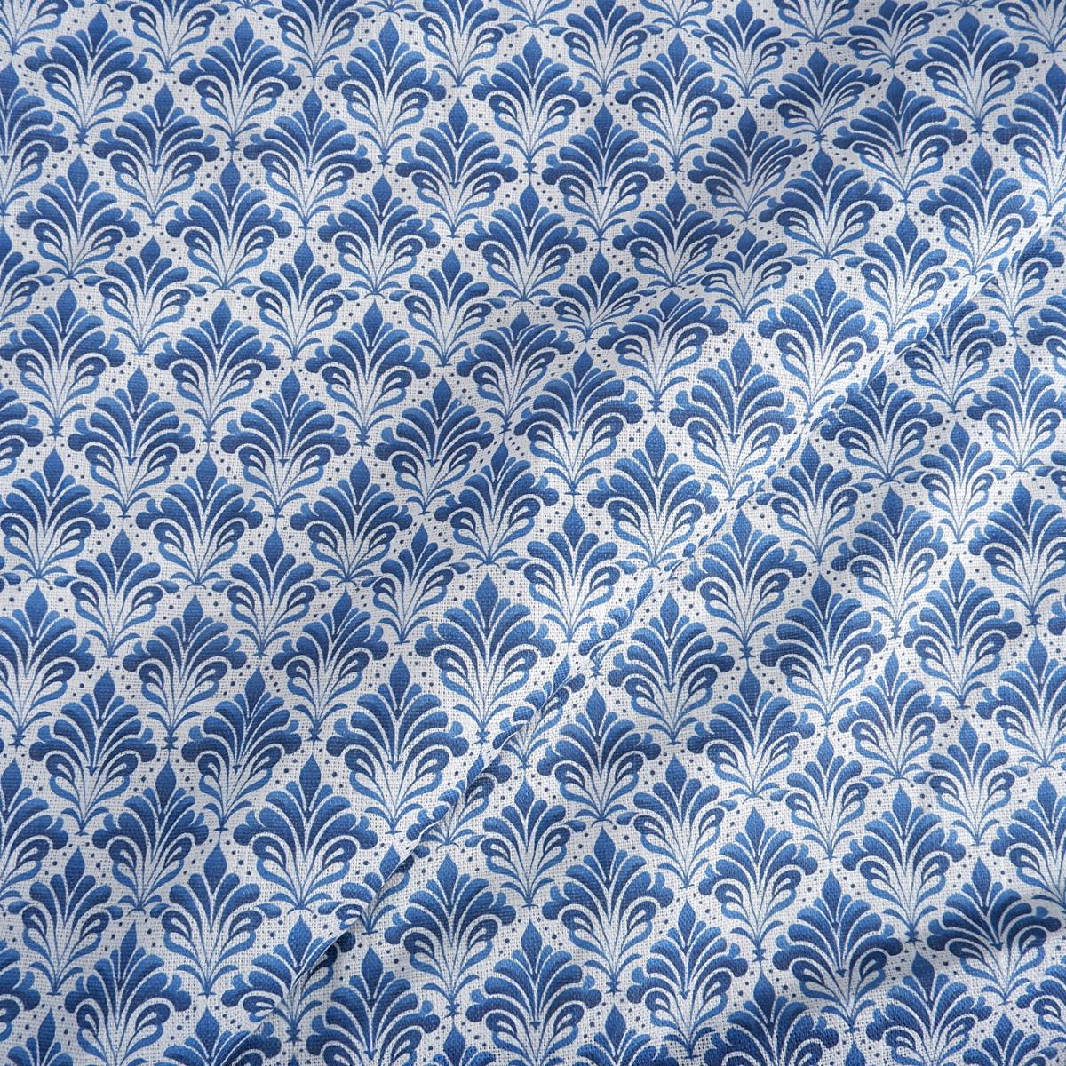 100% LINEN Fabric blue block print on white linen - fleur de lis floral fabric - French linen floral upholstery dressmaking 2053