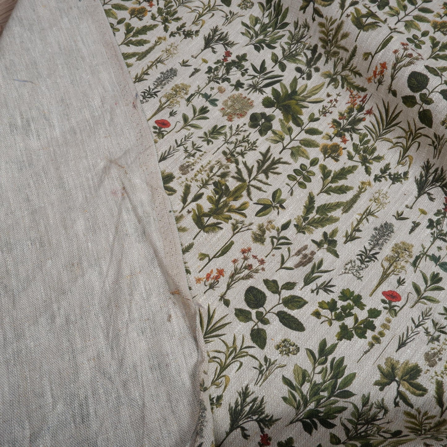 100% LINEN Fabric French Herbs pattern on oatmeal linen fabric, Provence French country floral heavy linen fabric for upholstery home decor