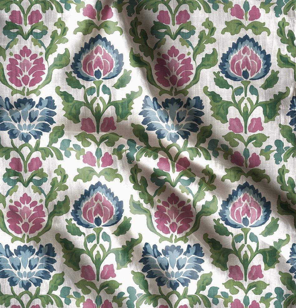 100% LINEN Fabric floral print on linen, Botanical fabric with large flowers in pink blue green for upholstery curtains home textile 2646