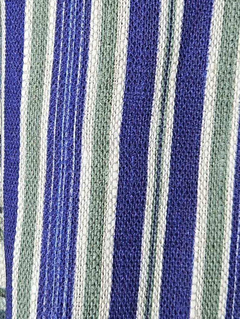 100% LINEN Fabric french blue green stripe print on oatmeal natur linen