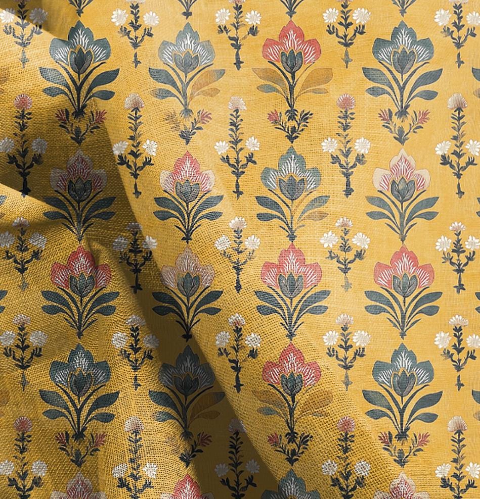 100% LINEN Fabric block print, oatmeal natur linen fabric with mustard floral print, heavy linen fabric for upholstery home decor