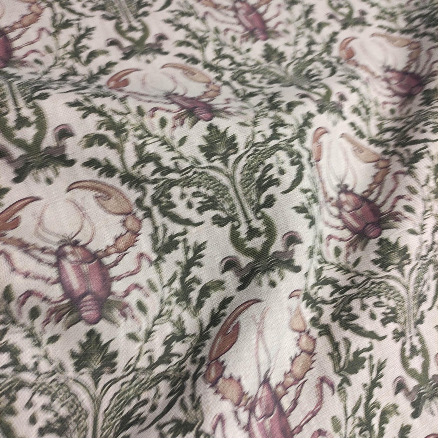 100% LINEN Fabric LOBSTER print, oatmeal linen fabric with green purple coastal print for upholstery home decor LOBSTER