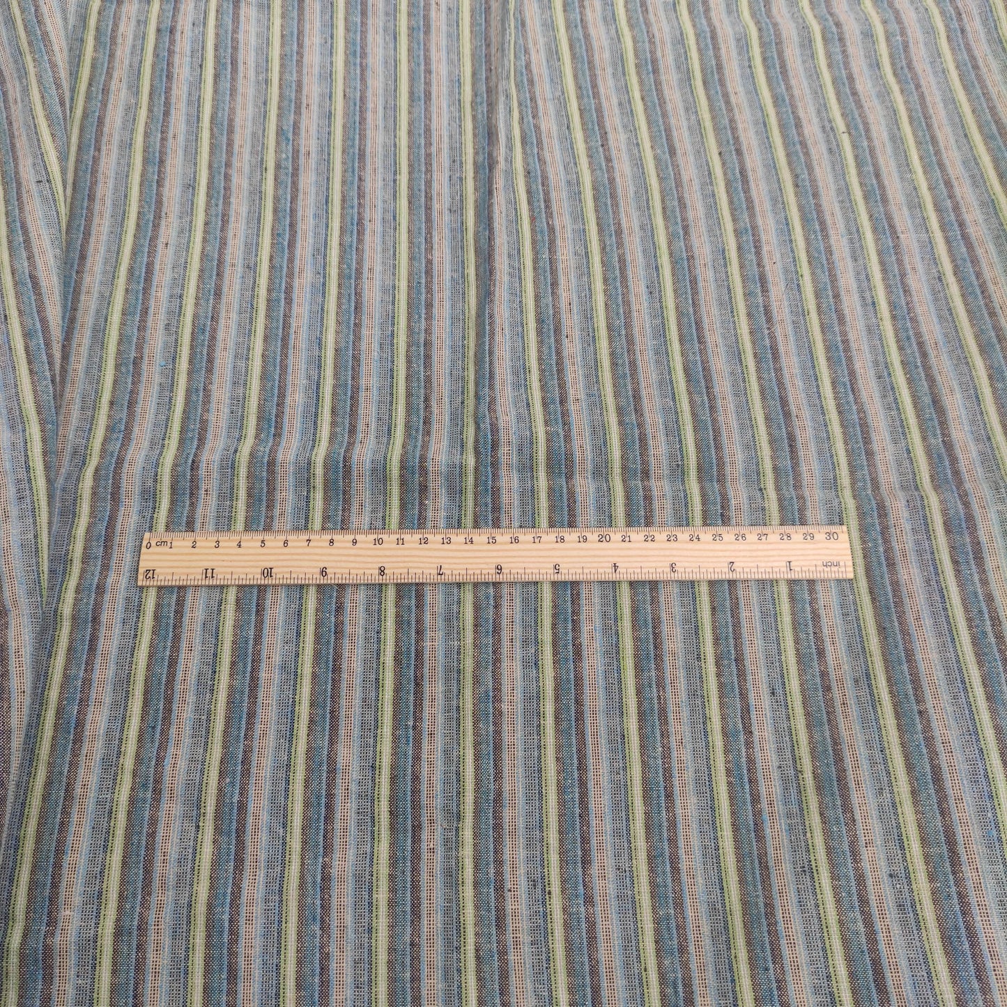 Premium Linen Santorini striped Fabric in blue green | Medium weight multicolor stripes in blue green navy | button up shirting fabric T143
