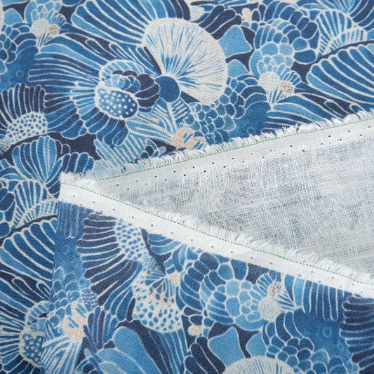 100% LINEN Fabric block print indigo blue white Japandi Sensu - Japanese fabric with abstract fan print linen upholstery dressmaking sewing