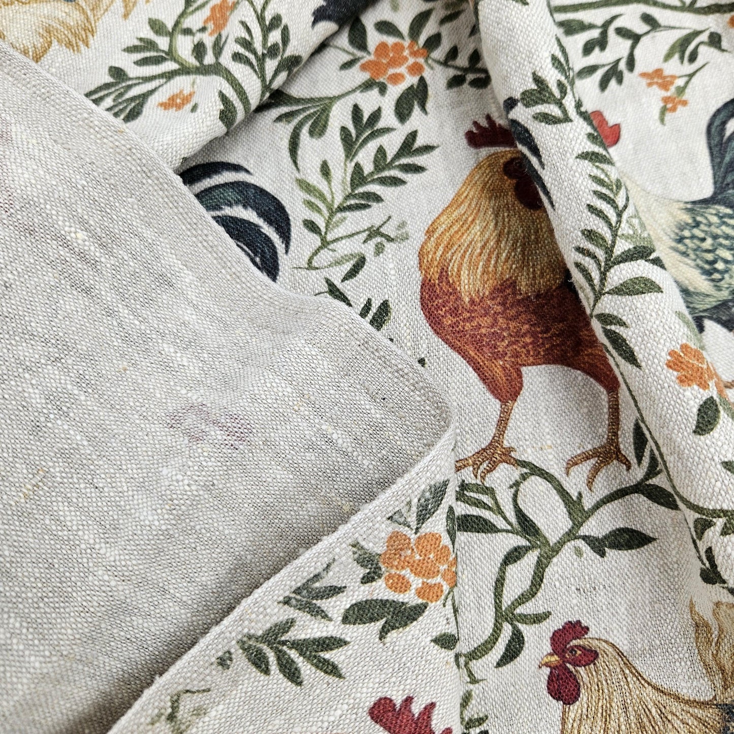 100% LINEN Fabric blue rooster farm on white linen - indigo blue countryside fabric for uphlstery heavy / medium for clothing 2266