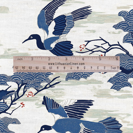 100% LINEN Fabric Cranes print - animal linen fabric with bird print for upholstery home decor curtains pillowcases dress making 2789