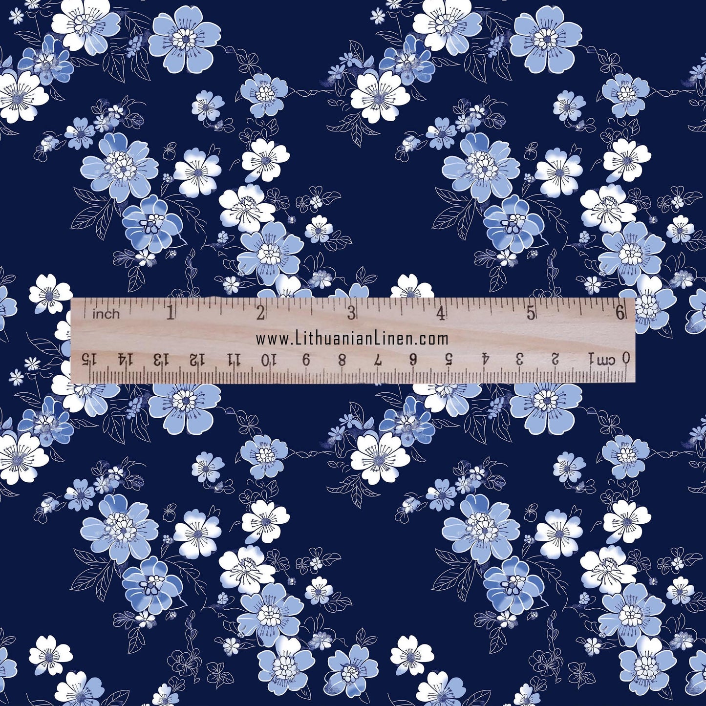 100% LINEN Fabric Japanes blue floral print on white linen - indigo flower on flax fabric for uphlstery heavy / medium for clothing 2579