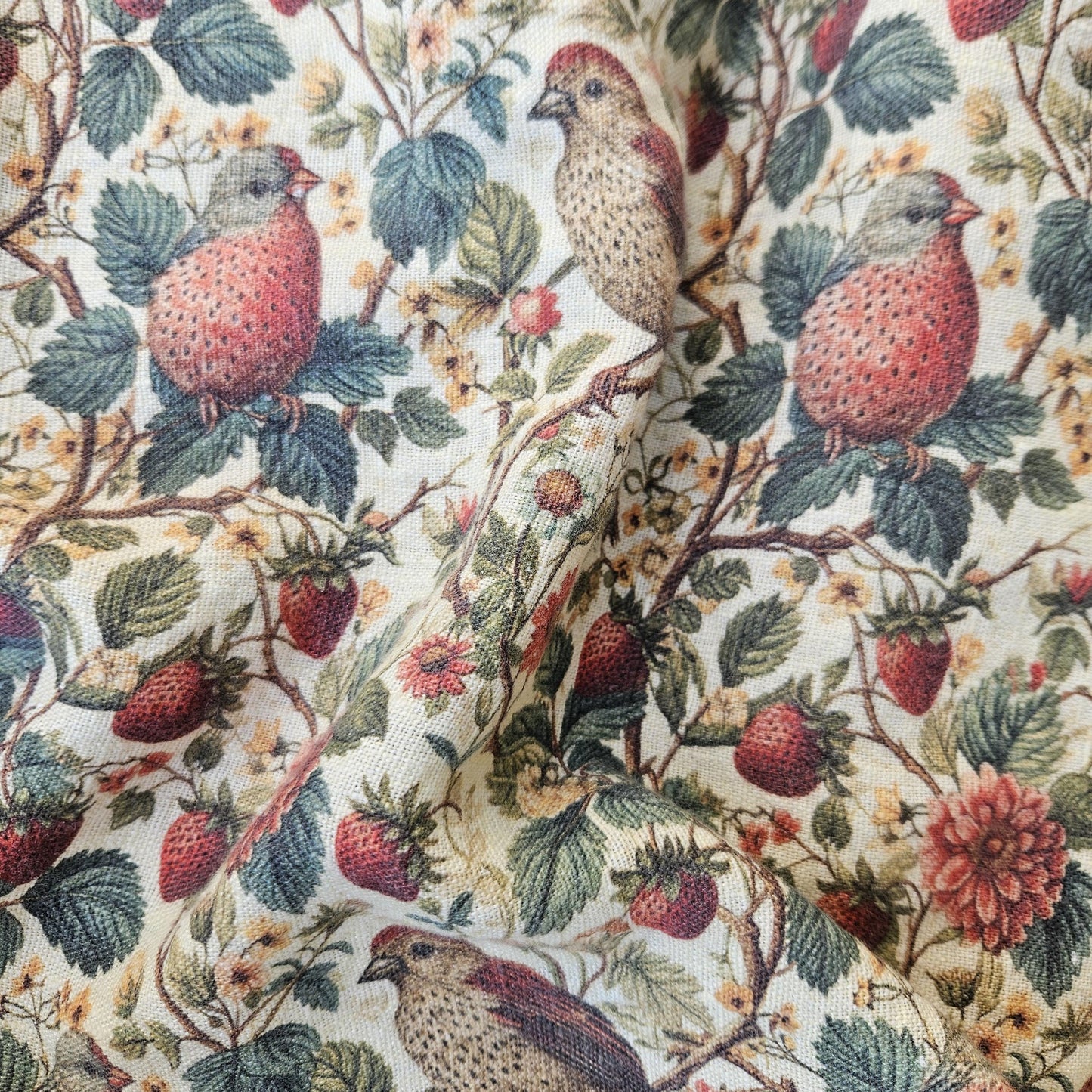 Birds in Strawberry field 100% LINEN Fabric, flax linen fabric Strawberry print on linen for home textile clothing curtains