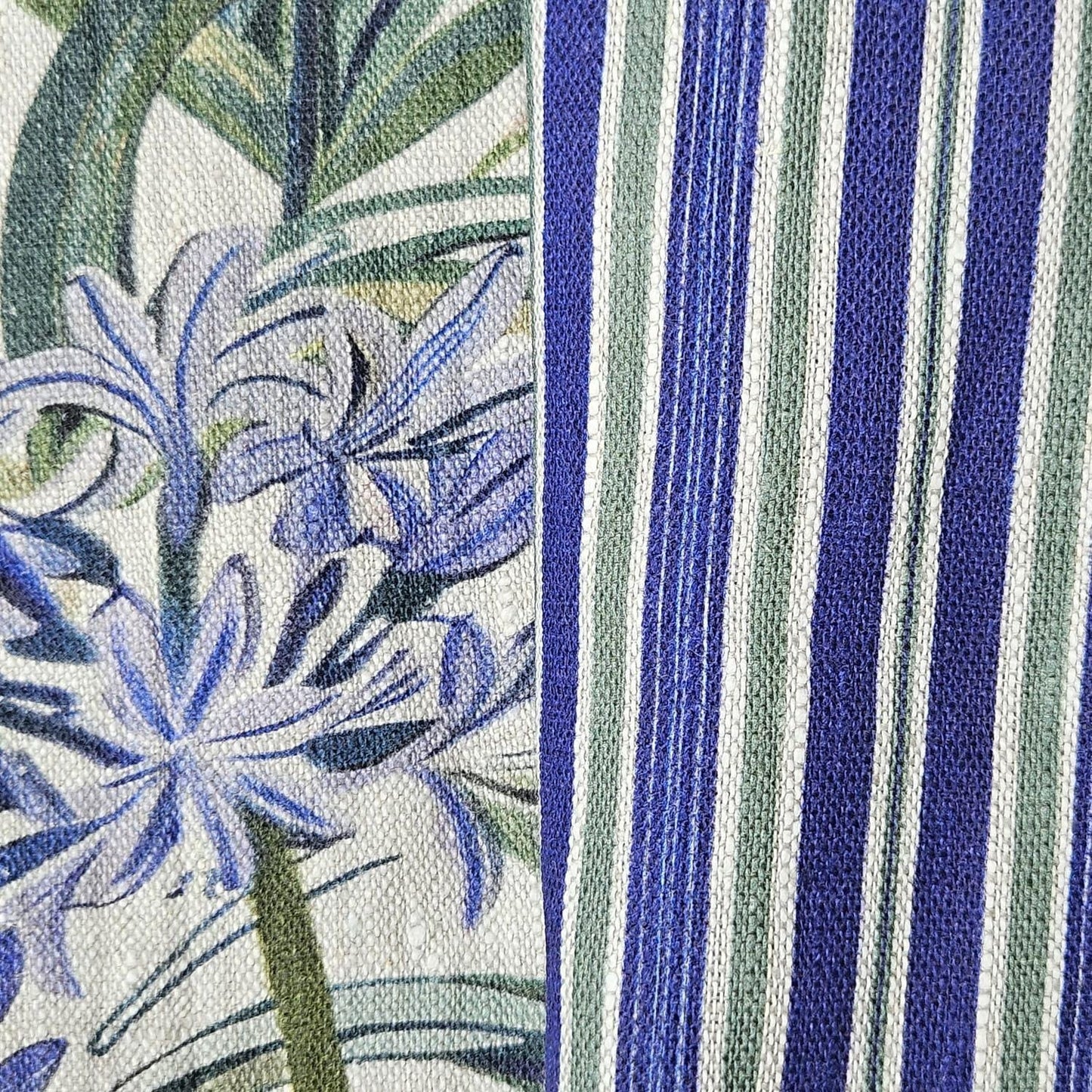 100% LINEN Fabric french blue green stripe print on oatmeal natur linen