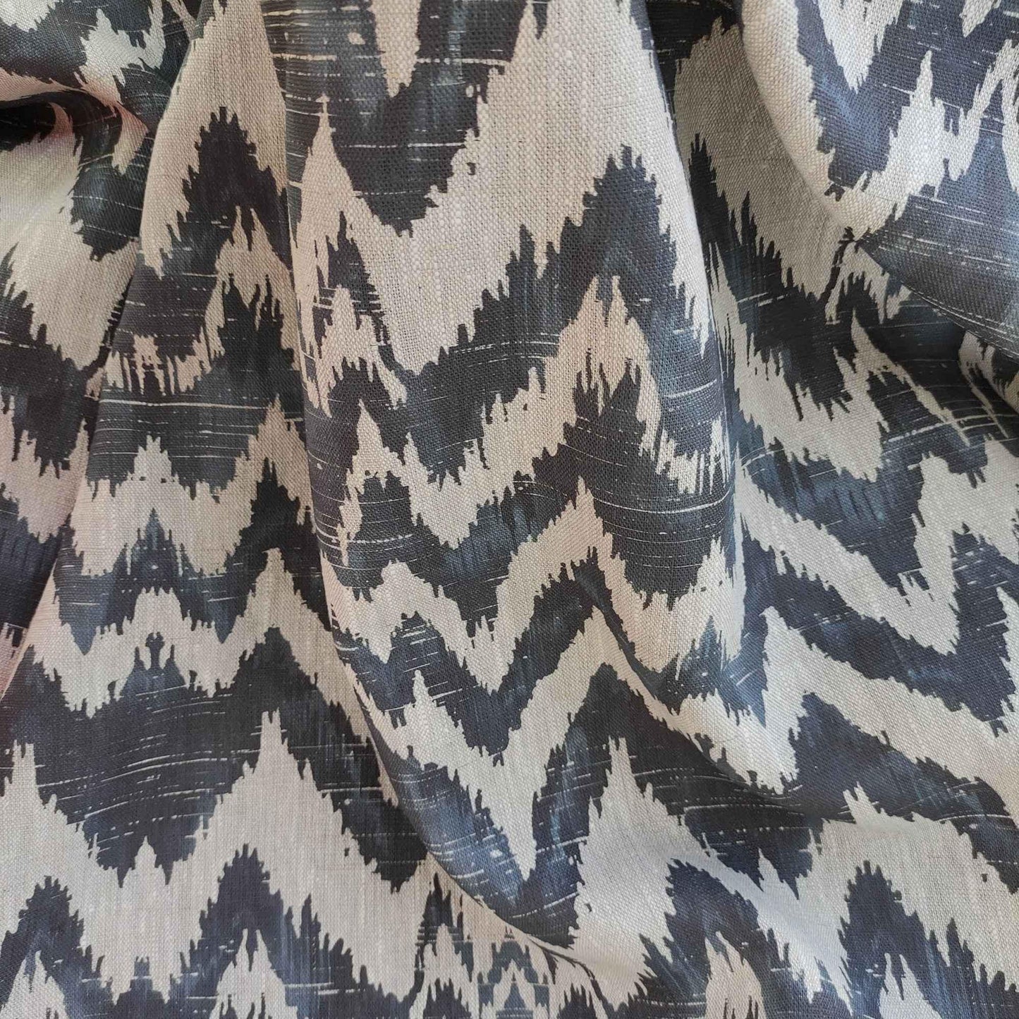 100% LINEN Fabric Abstract zigag WabiSabi , dark blue print on natural linen japandi wabi sabi linen print