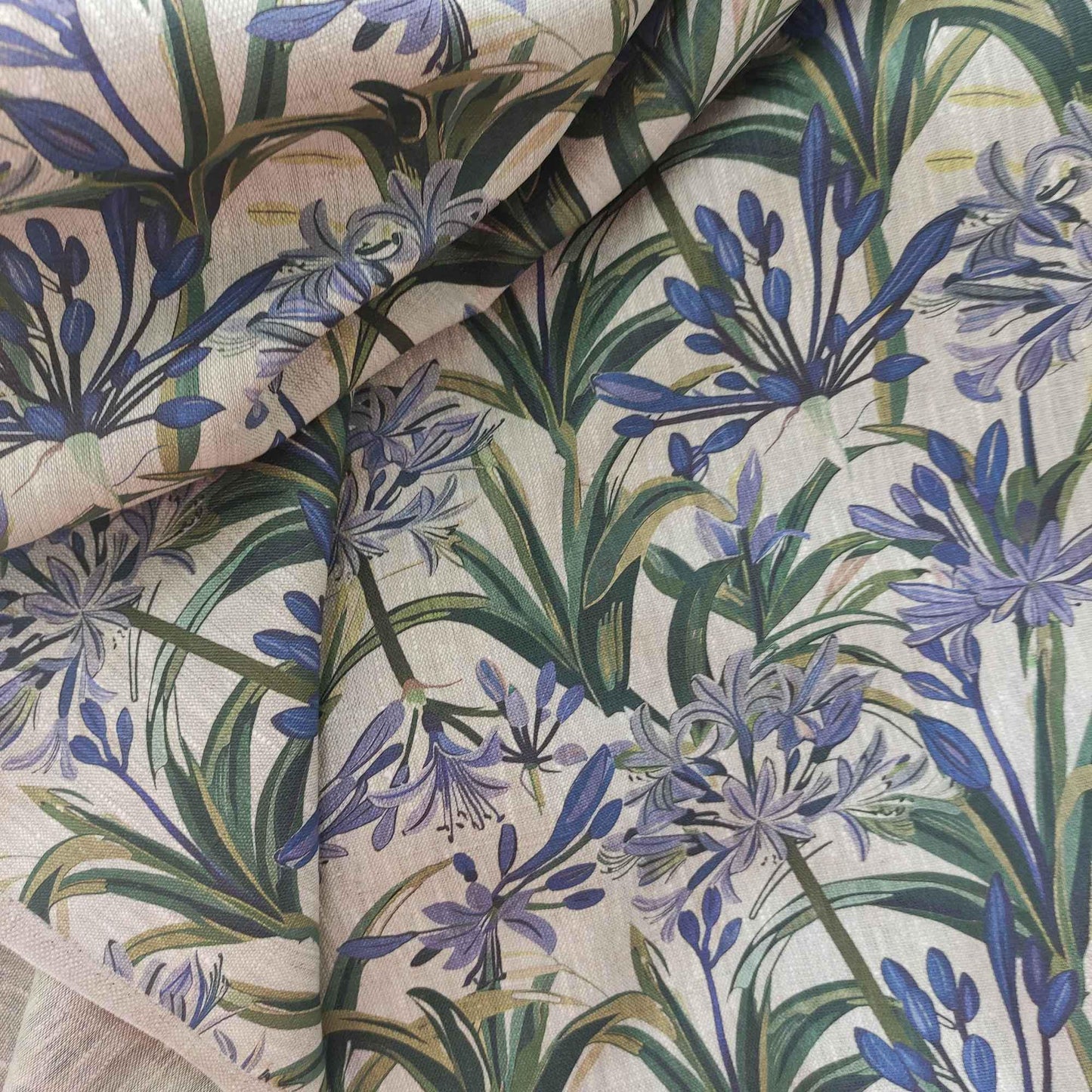 100% LINEN Fabric french blue green purple print on oatmeal natur linen, floral botanical linen fabric for upholstery 324