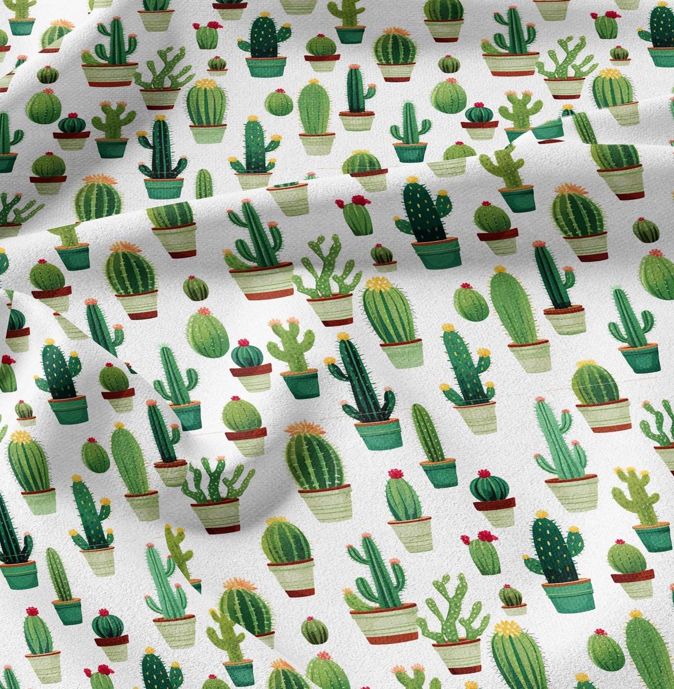 100% LINEN Fabric green Cactus - botanical flax fabric Greenery print upholstery dressmaking clothing - Tropical Floral flax Spring fabric