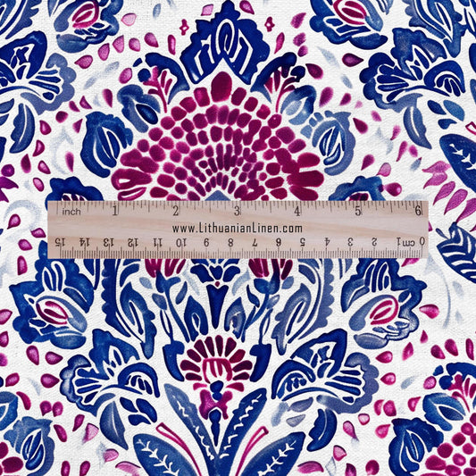 100% LINEN Fabric block print indigo blue red on white - floral print heavy linen fabric for upholstery home decor 2022