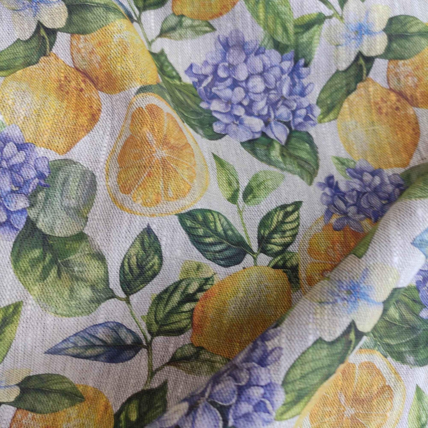 100% LINEN Fabric lemon and hydrangea print - oatmeal natur linen with citrus print - linen fabric home decor upholstery