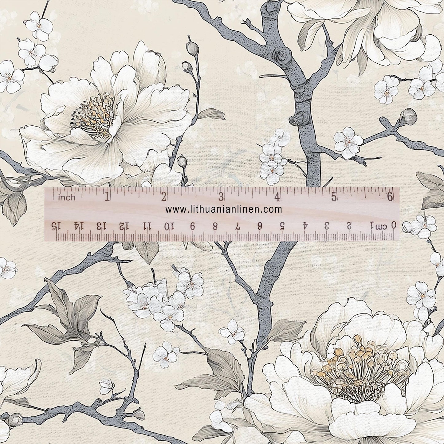 100% LINEN Fabric beige apple blossom print on white linen - floral botanical french linen fabric Provence - linen floral upholstery 2594