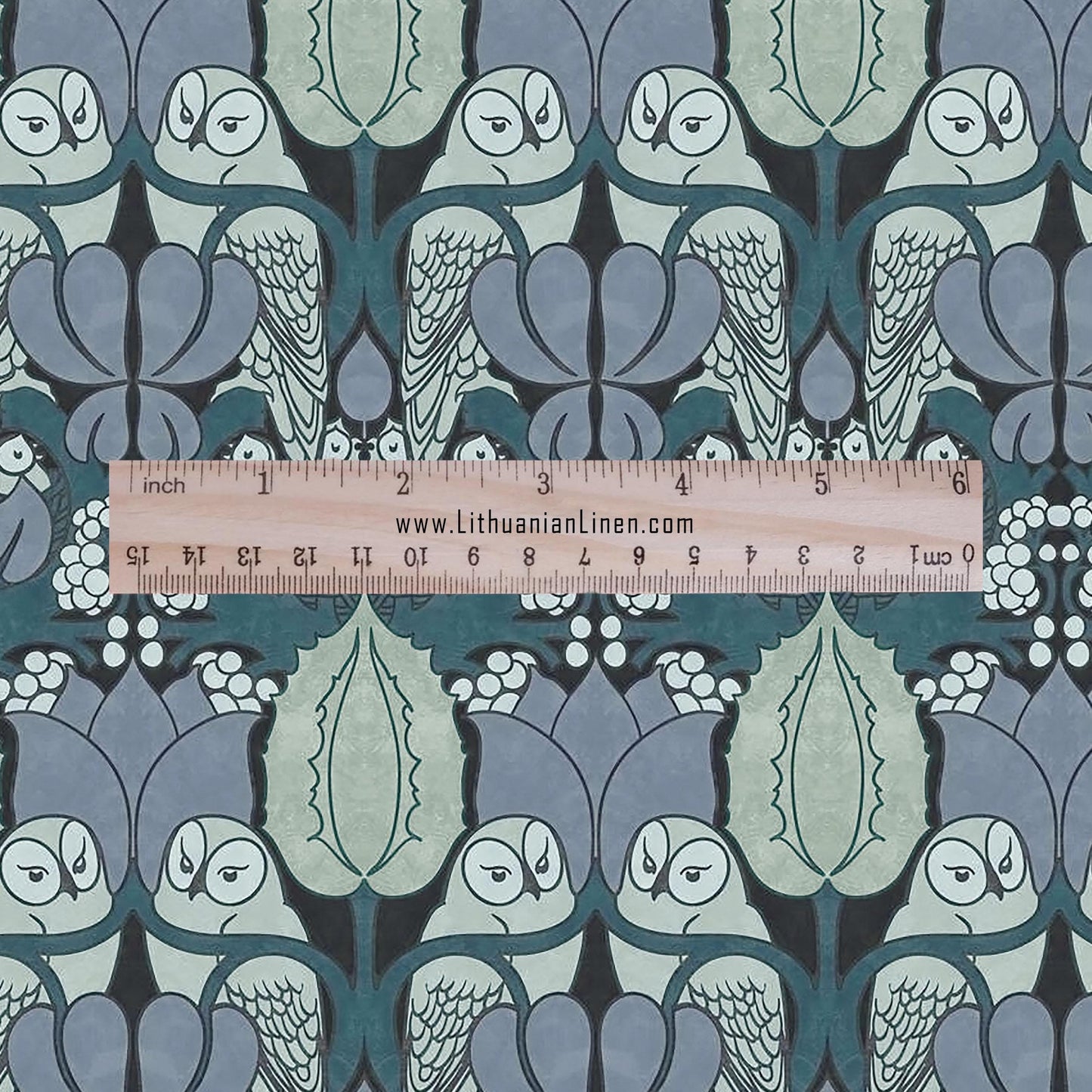 Owl Voysey blue print on 100% LINEN - Victorian Art crafts linen Fabric - botanical Historical upholstery home textile