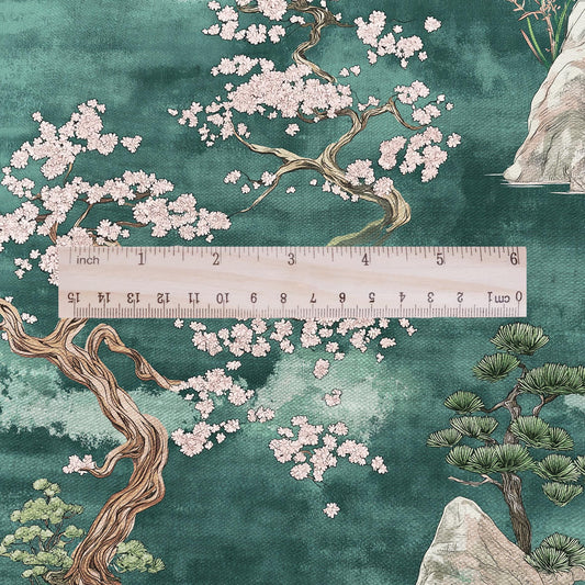 100% LINEN Fabric Zen garden print -  linen fabric with oriental landscape for home decor upholster dressmaking - sakura blossom bonsai