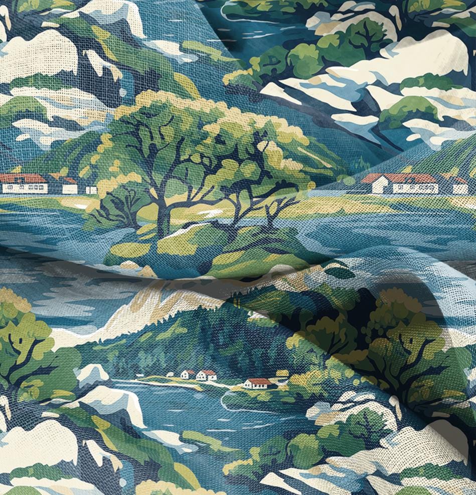 100% LINEN Fabric Swedish archipelago scenery, linen fabric with blue green print, heavy linen fabric for upholstery home decor tablecloth