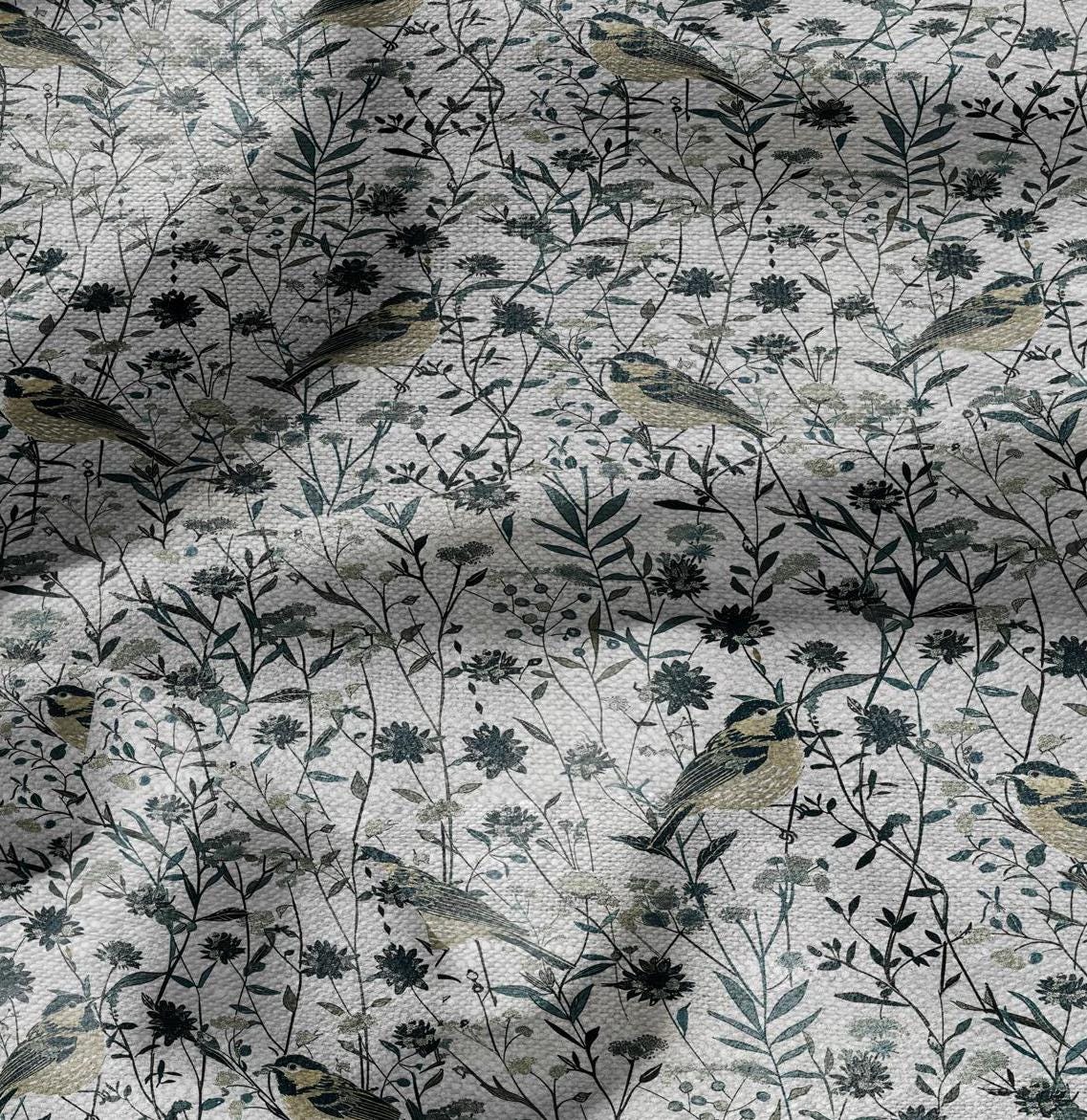 100% LINEN Fabric floral with birds meadow print - heavy linen fabric with pale green print for upholstery home decor curtains pillowcases