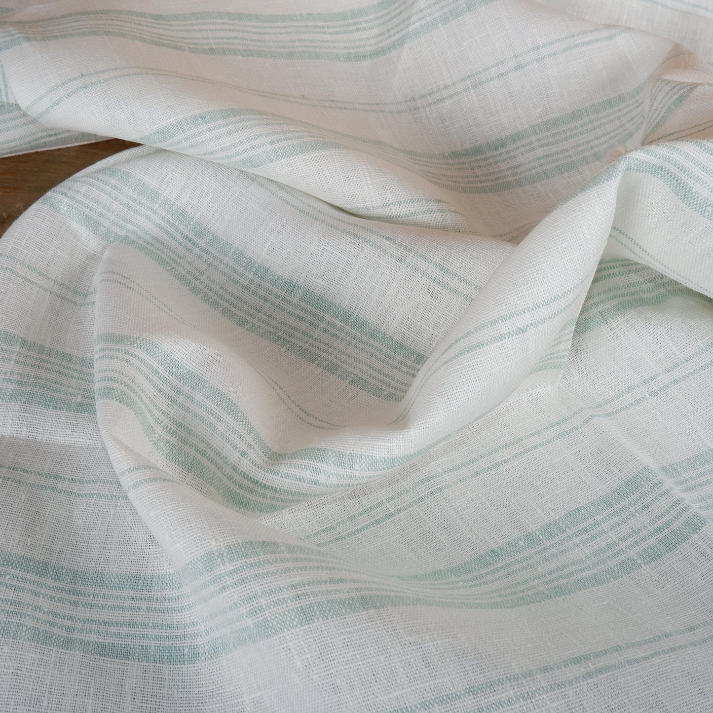 Premium Linen striped Fabric in green white | Heavy weight French country stripes in green white