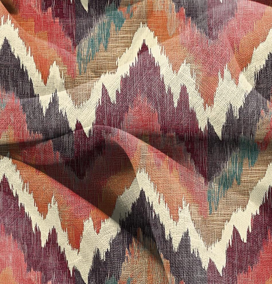 100% LINEN Fabric Abstract zigag WabiSabi , red ikat print on linen japandi wabi sabi linen print