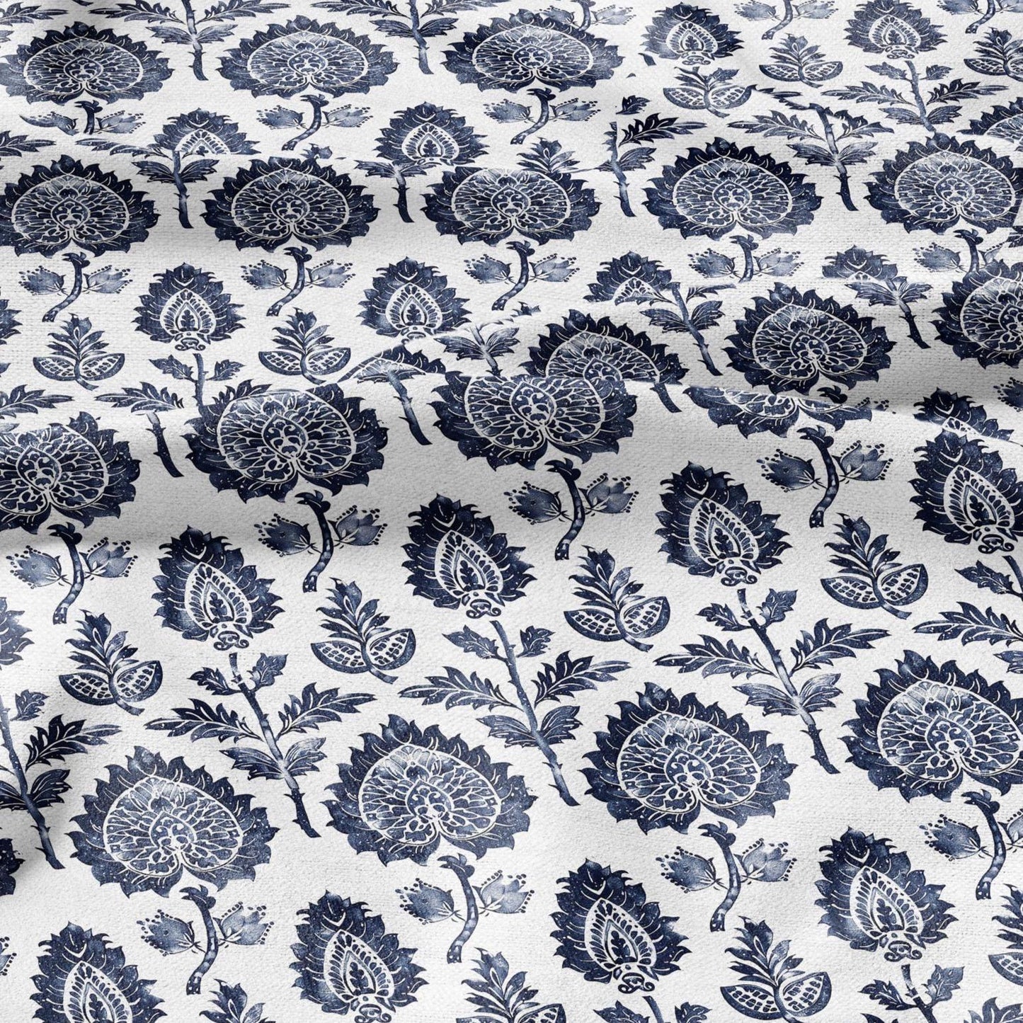100% LINEN Fabric block print indigo blue on white - blue floral print heavy linen fabric for upholstery home decor 2009