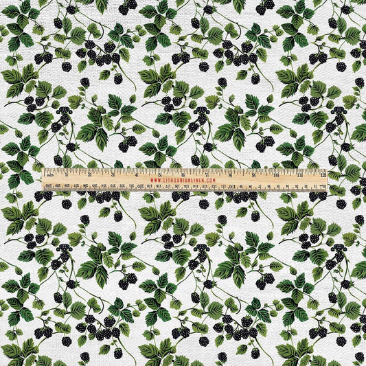 100% LINEN Fabric UPHOLSTERY 12oz - Blackgerry greenery berry print on linen 2600