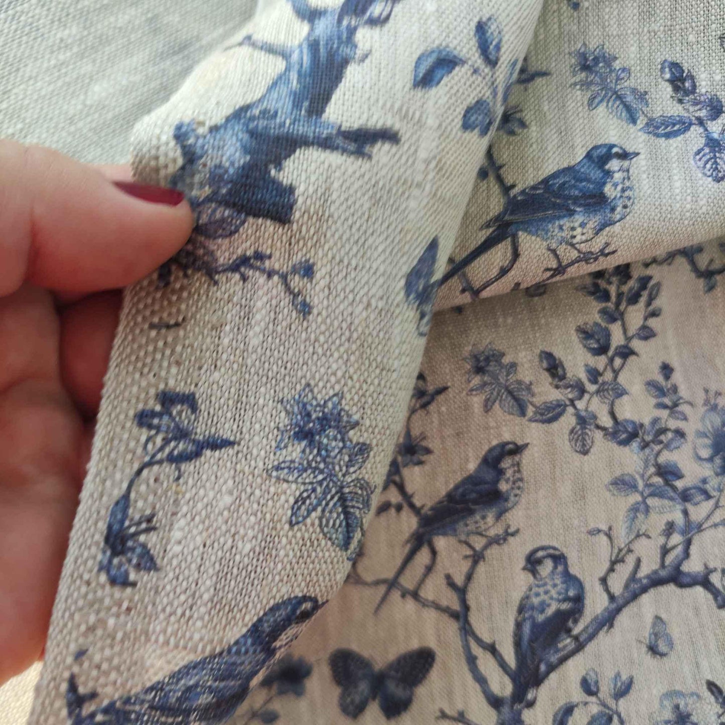 100% LINEN Fabric french blue block print on oatmeal natur linen, floral toile de jouy fabric, French linen floral upholstery