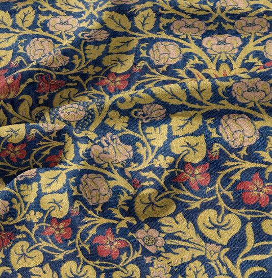 William Morris mustard Blue tapestry 100% LINEN Fabric, British design linen floral upholstery home textile Victorian fabrics