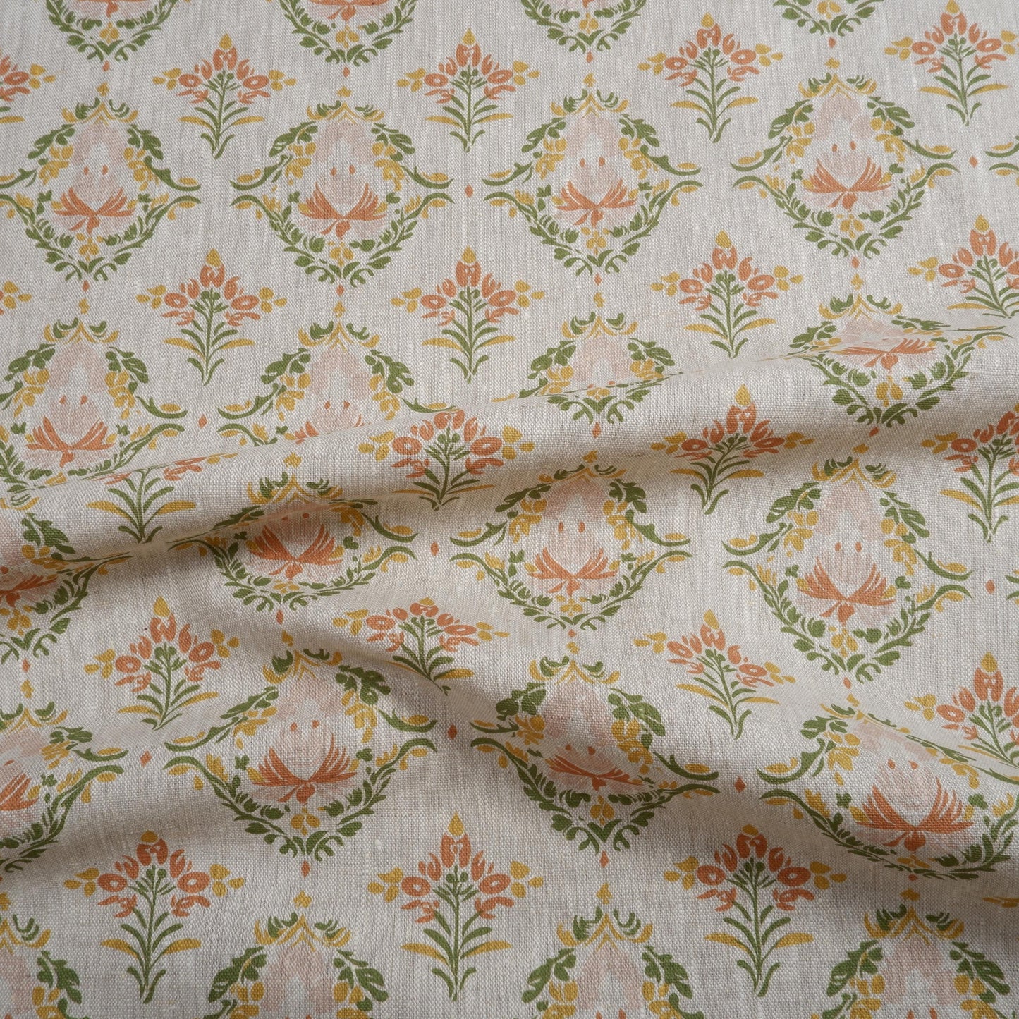 100% LINEN Fabric block print pastel green pink grey | oatmeal linen fabric with floral print | linen fabric for upholstery home decor