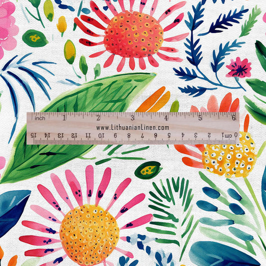 100% LINEN Fabric block print colorful bold flowers - Scandinavian Modernism floral print - heavy for upholstery medium for dressmaking 2029