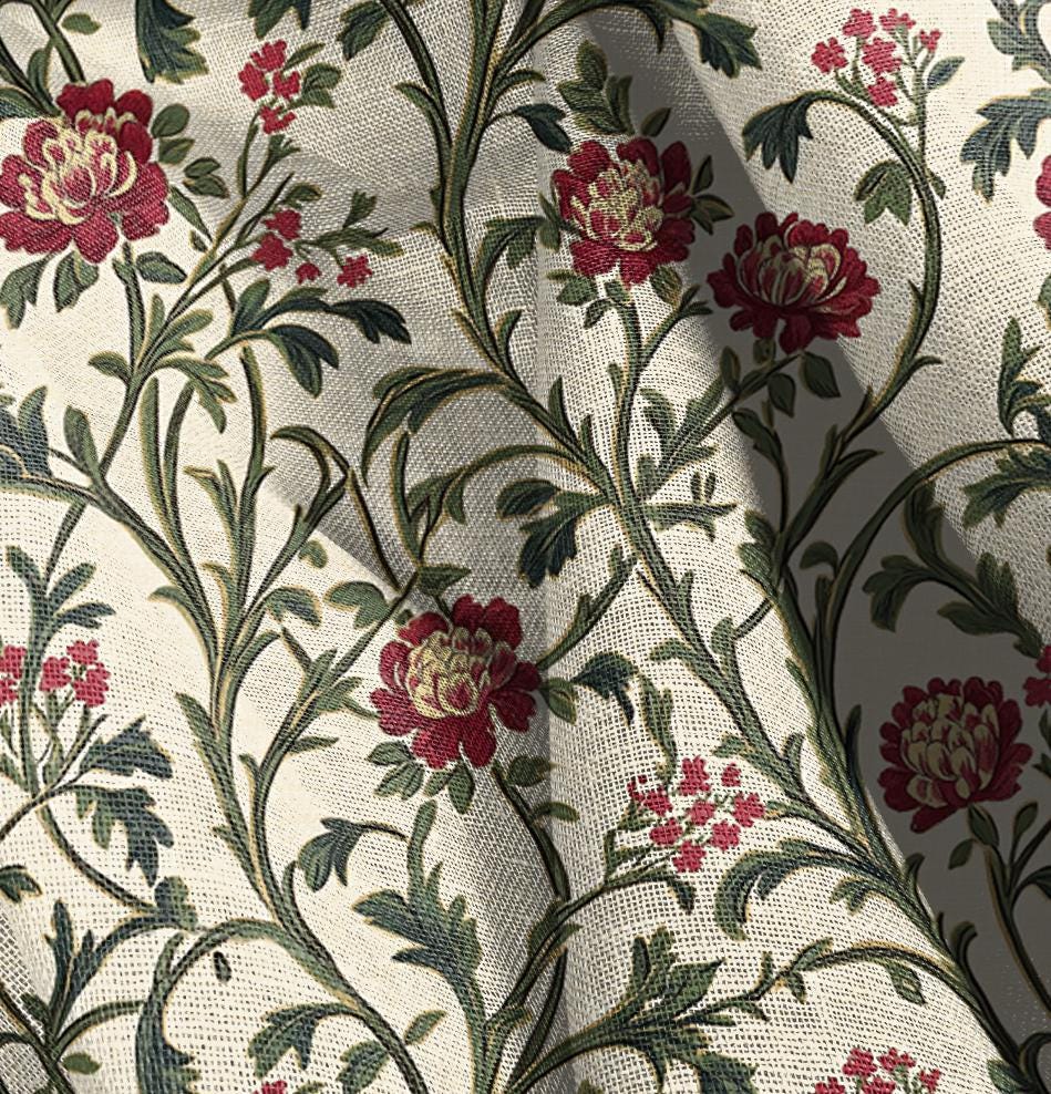 100% LINEN Fabric oriental with floral print, linen fabric with botanical print, heavy linen fabric for upholstery home decor