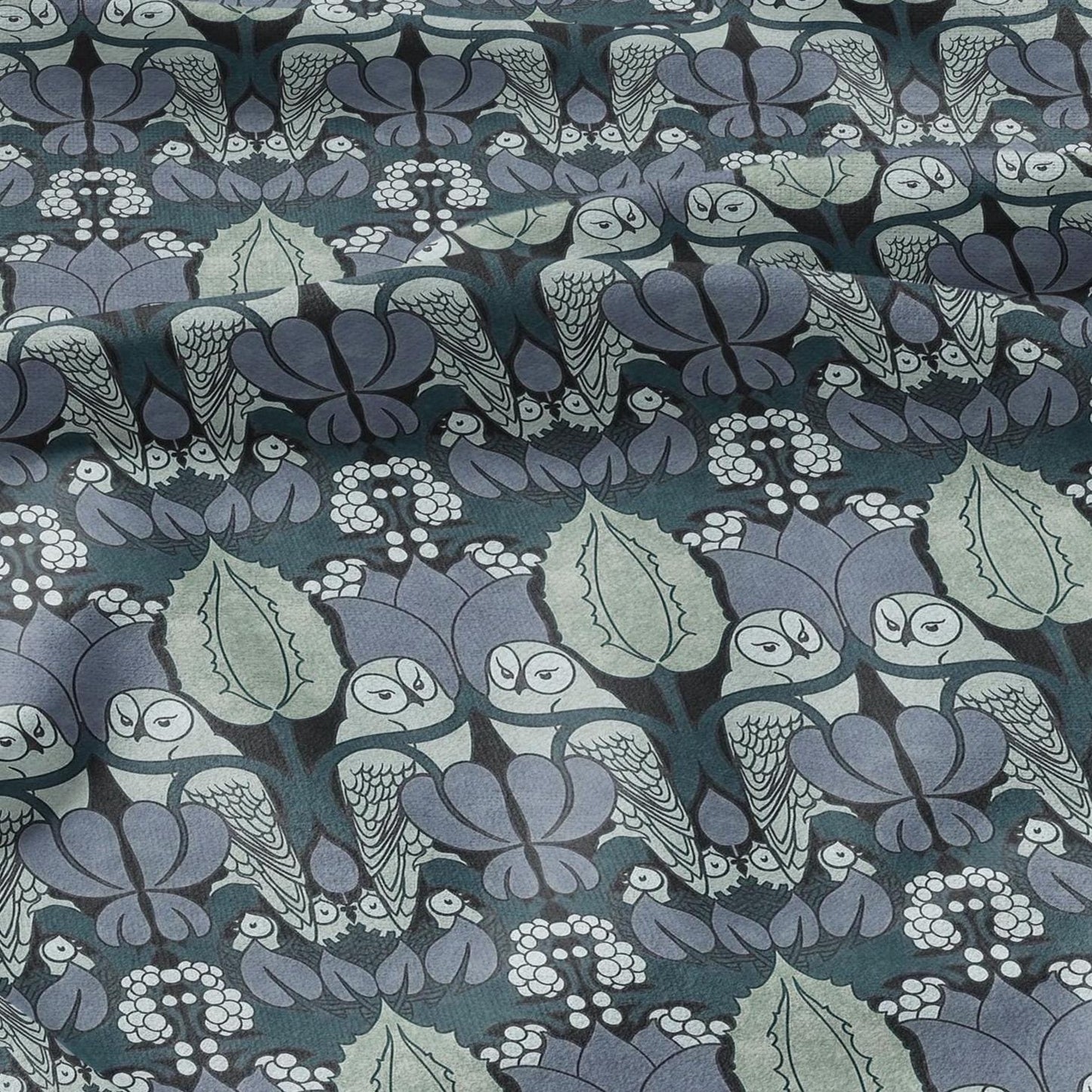 Owl Voysey blue print on 100% LINEN - Victorian Art crafts linen Fabric - botanical Historical upholstery home textile