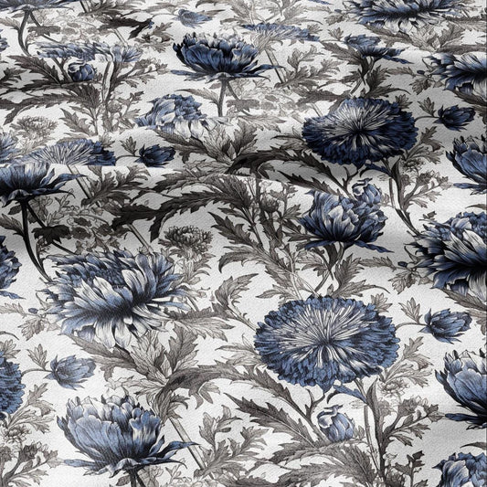 100% LINEN Fabric blue flower print on white linen - Floral print flax fabric for uphlstery heavy / medium for clothing 2575