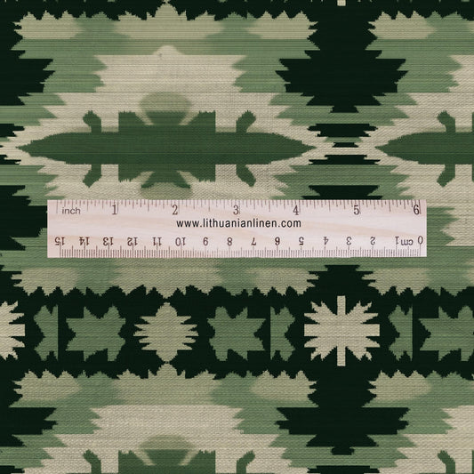 100% LINEN Fabric Western Abstract in green - tribal green print on linen print upholstery curtains dress making